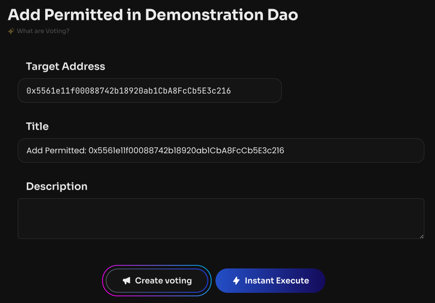 Нажмите Create voting. После создания голосования и его активации, Permitted адрес будет отображаться в…