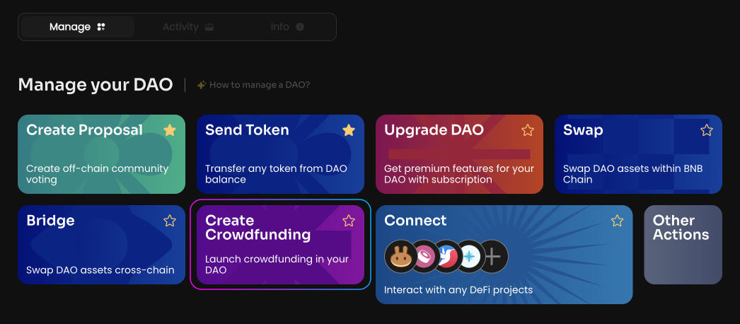 Click Create Crowdfunding on the Manage page in your DAO