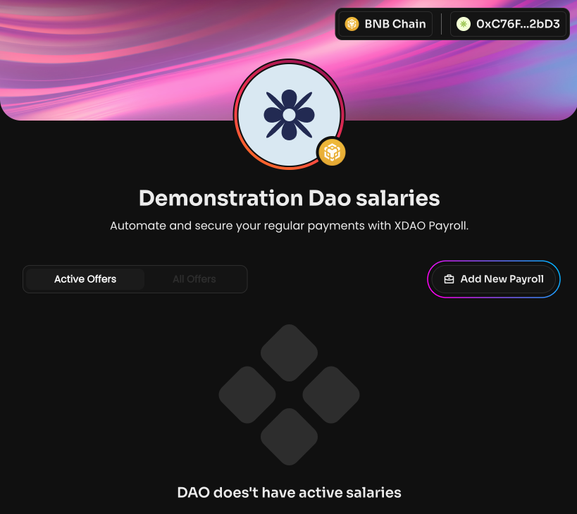 Нажмите Pay Salaries на странице Manage в своей DAO, а затем Add New Payroll