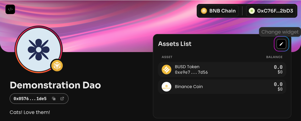 Нажмите Change Widget на странице Manage в своей DAO