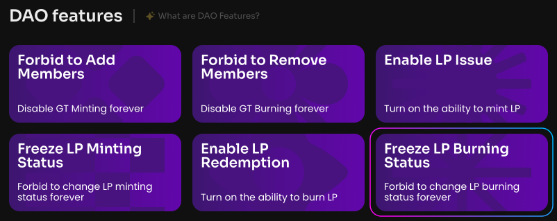Click Freeze LP Burning Status on the Manage page in your DAO