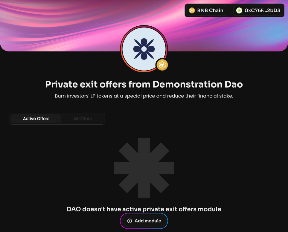 Нажмите Add module, а затем Create voting, чтобы создать голосование по подключению вашей DAO к Private…