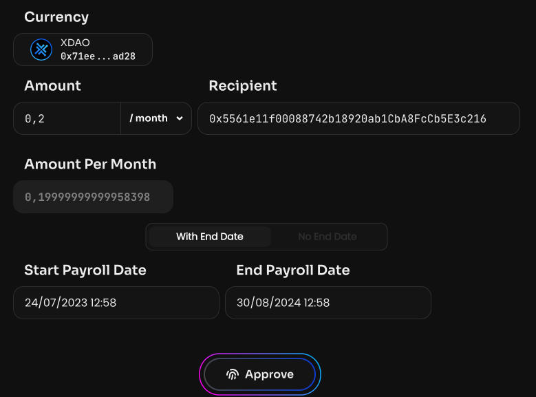 Нажмите Approve, чтобы разрешить смарт-контракту Payroll взаимодействовать с выбранным токеном на DAO