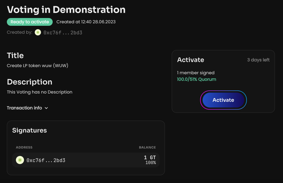 After creating the vote and activating it, you will create a smart contract for your LP token for the DAO