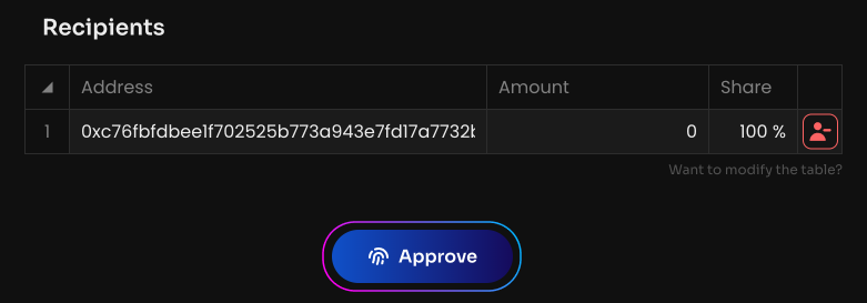 Click Approve, to allow the Dividends smart contract to interact with the selected token in the DAO
